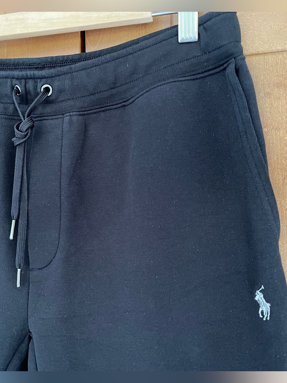 POLO Ralph Lauren Black Tech Fleece Shorts with 9" Inseam & White Polo Pony, S